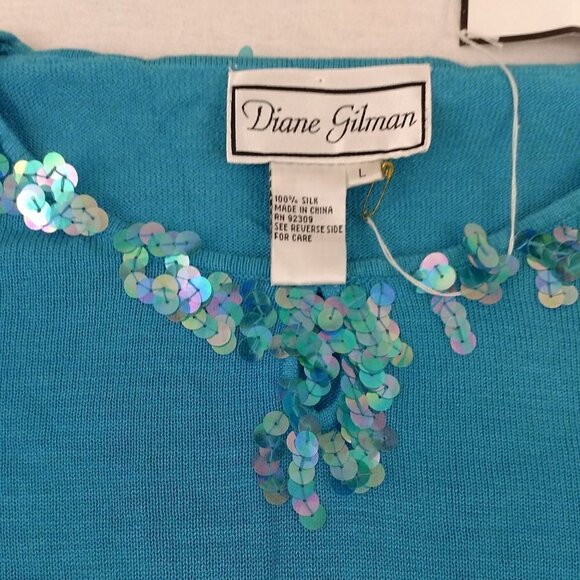 Diane Gilman Womens Blue/ Turquoise 100% Silk Sweater w/ Sequins - Picture 8 of 13